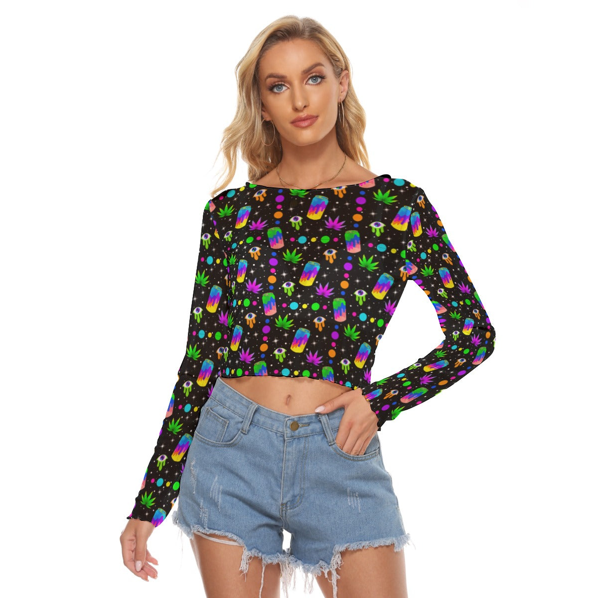 Space Candy Pattern Women's Mesh Long Sleeves T-shirt